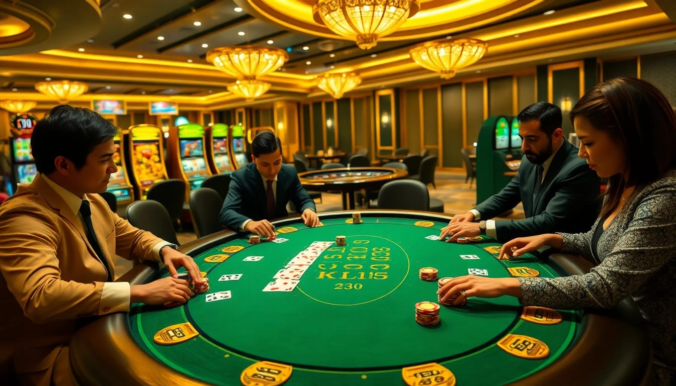 KJC promotes thrilling casino experiences with players at a luxury poker table and exciting slot machines.