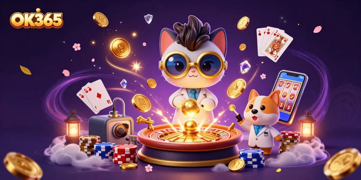 Join the excitement at OK365 with a vibrant 3D illustration showcasing a mad scientist cat creating gold coins surrounded by casino elements.