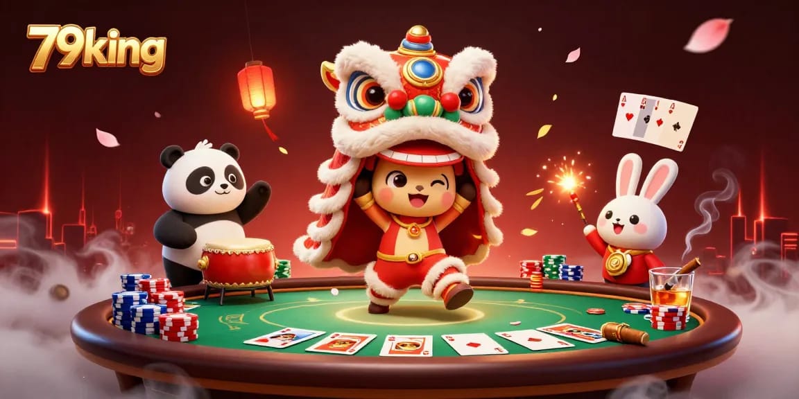 Engage your luck at 79king with a vibrant casino scene featuring dynamic characters and poker elements.