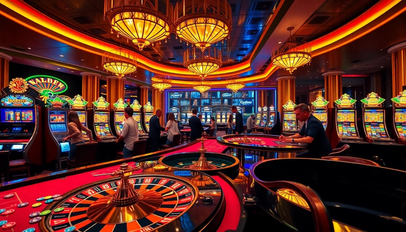 Experience the exciting atmosphere of hb88 with players engaging at vibrant casino tables and slot machines.