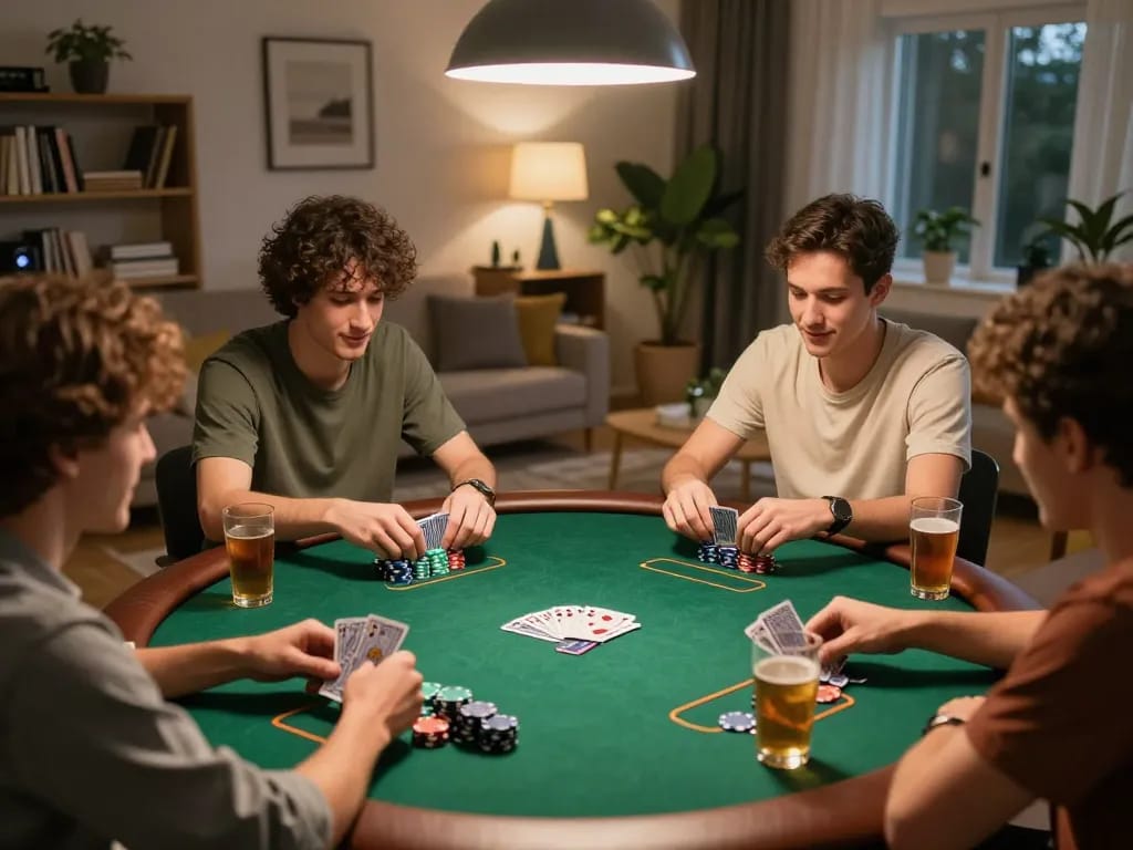 Friends enthusiastically playing game bài in a cozy home setting at night with poker table and warm lighting.