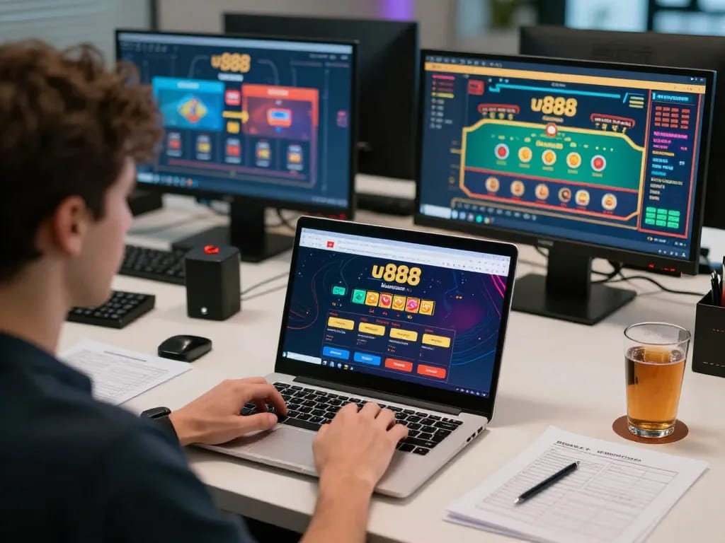 Player engaging in online gambling at u888 with multiple screens showing diverse games.