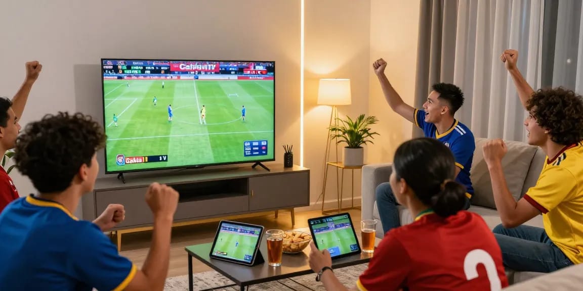 CakhiaTV football fans enjoying live match in modern living room with snacks and excitement.