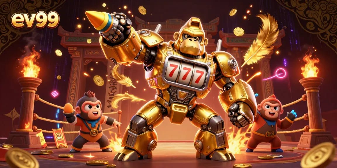 ev99 showcases a golden gorilla mech with slot machine parts celebrating a jackpot explosion.