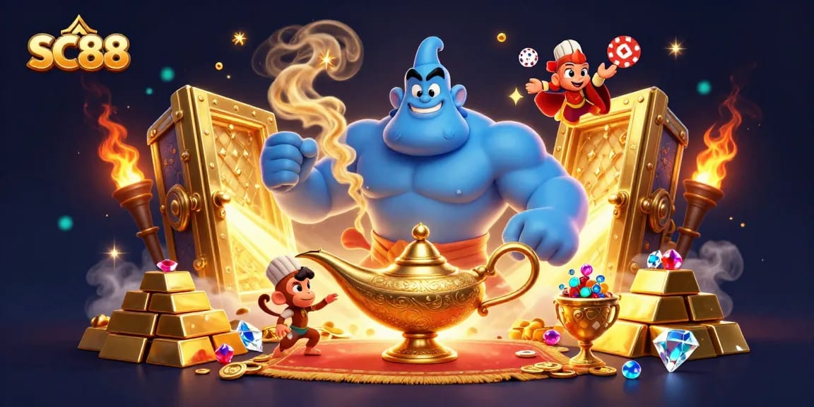 SC88 showcases an enchanting scene of a genie, monkey, and poker chips amidst dazzling treasures.