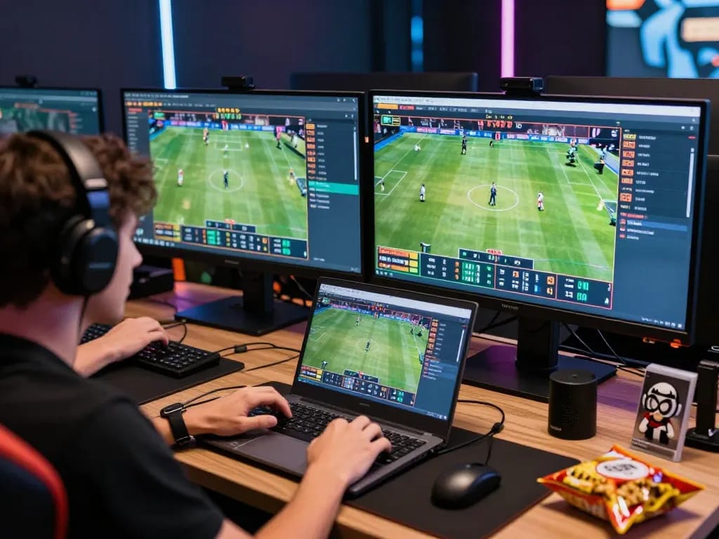 Experience sports betting with KO66 in a high-tech gaming setup, showcasing live feeds and betting excitement.