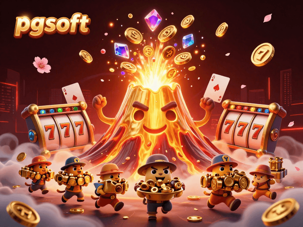 Experience the thrill of pg soft slots with an explosion of coins from a golden volcano.