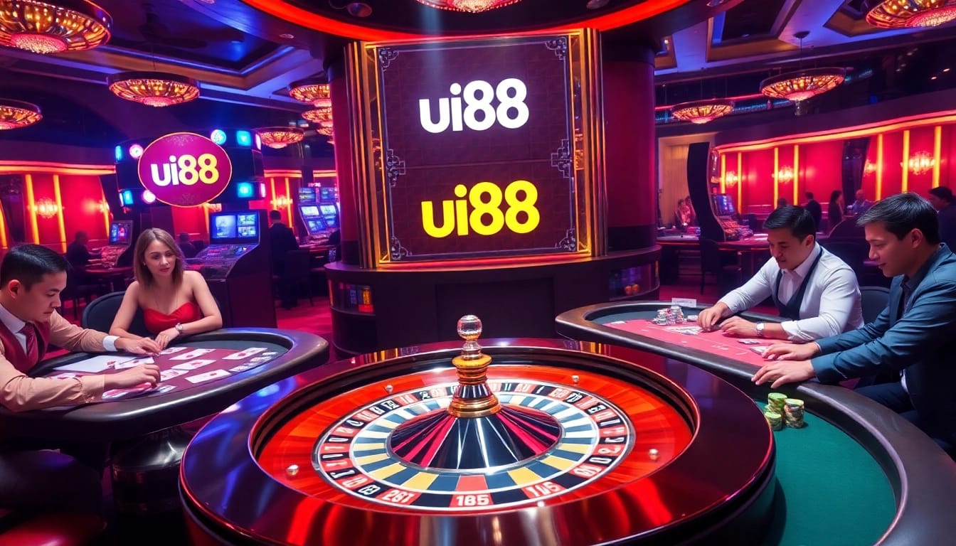 Excited gamblers playing roulette and cards at uu88 casino, showcasing vibrant gaming atmosphere.