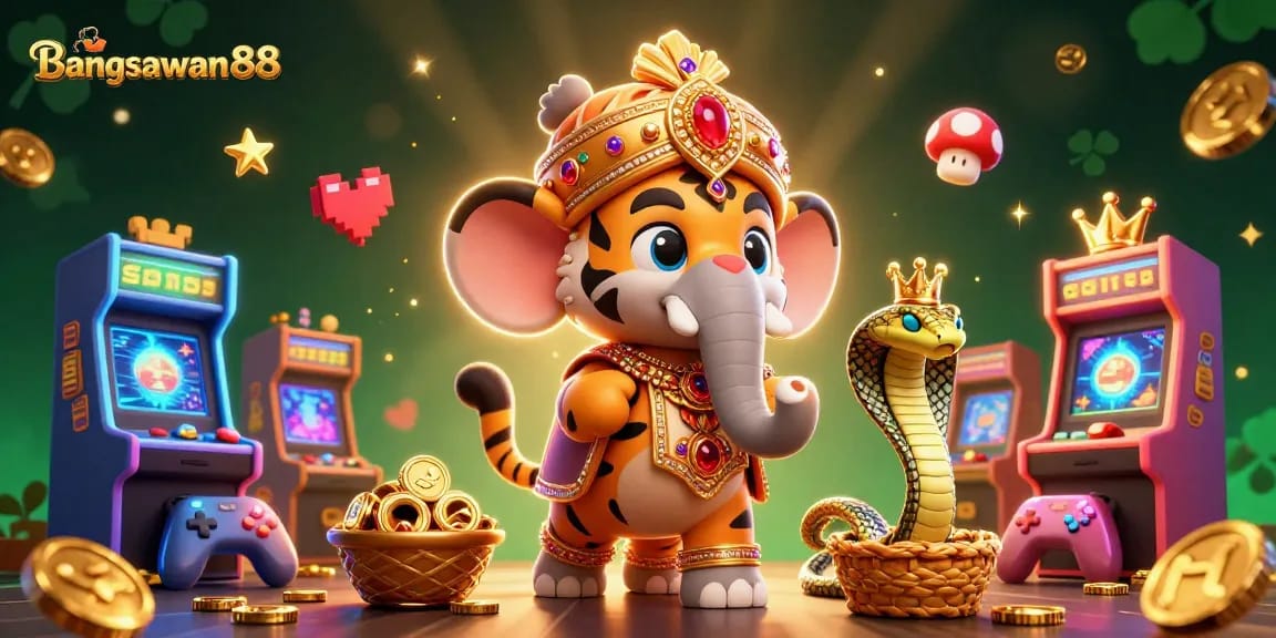 Bangsawan88 showcases a vibrant scene of a maharaja and tiger in a gaming wonderland full of vibrant arcade elements.