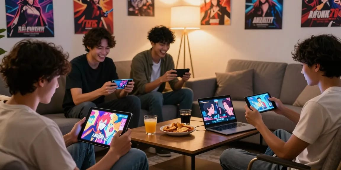 Playing free ecchi games with friends in a vibrant living room, engaging in animated and interactive gameplay experiences.