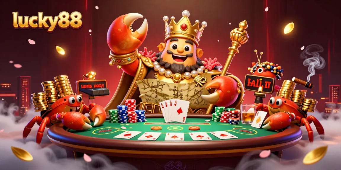 Experience the lucky88 slot adventure with a golden crab emperor in a vibrant casino scene.