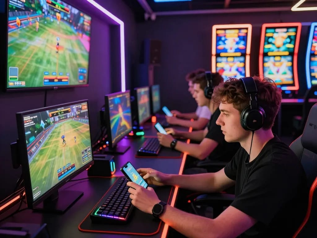 Exciting jun888 online gaming atmosphere with players engaged in sports betting and slot games, showcasing vibrant technology and atmosphere.
