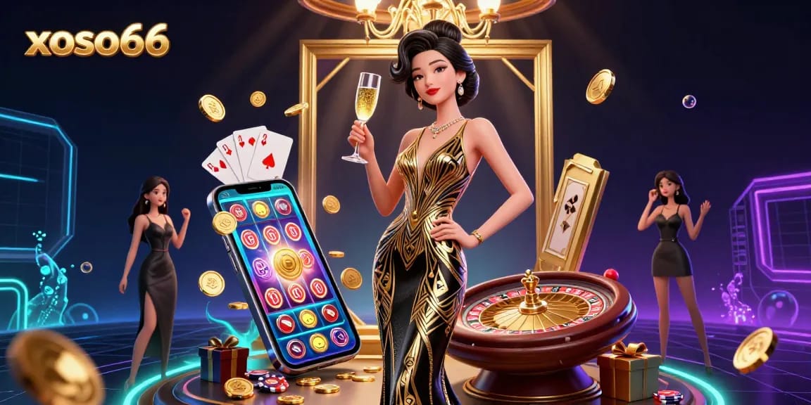 Experience thrilling wins on xoso66 with light-filled 3D casino illustration featuring elegant character and vibrant game elements.