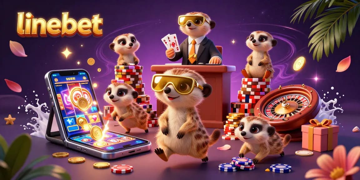 linebet cartoon meerkats managing a casino, enjoying vibrant slot games and surroundings.