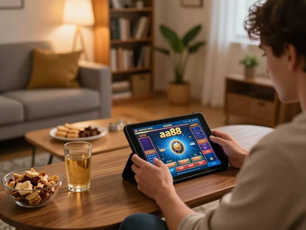 Player enjoying aa88 gaming on tablet, relaxed home atmosphere with strategic focus and snacks.