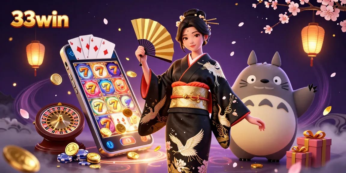 Experience thrilling casino action with 33win in a vibrant 3D illustration showcasing slot games, golden coins, and dynamic characters.