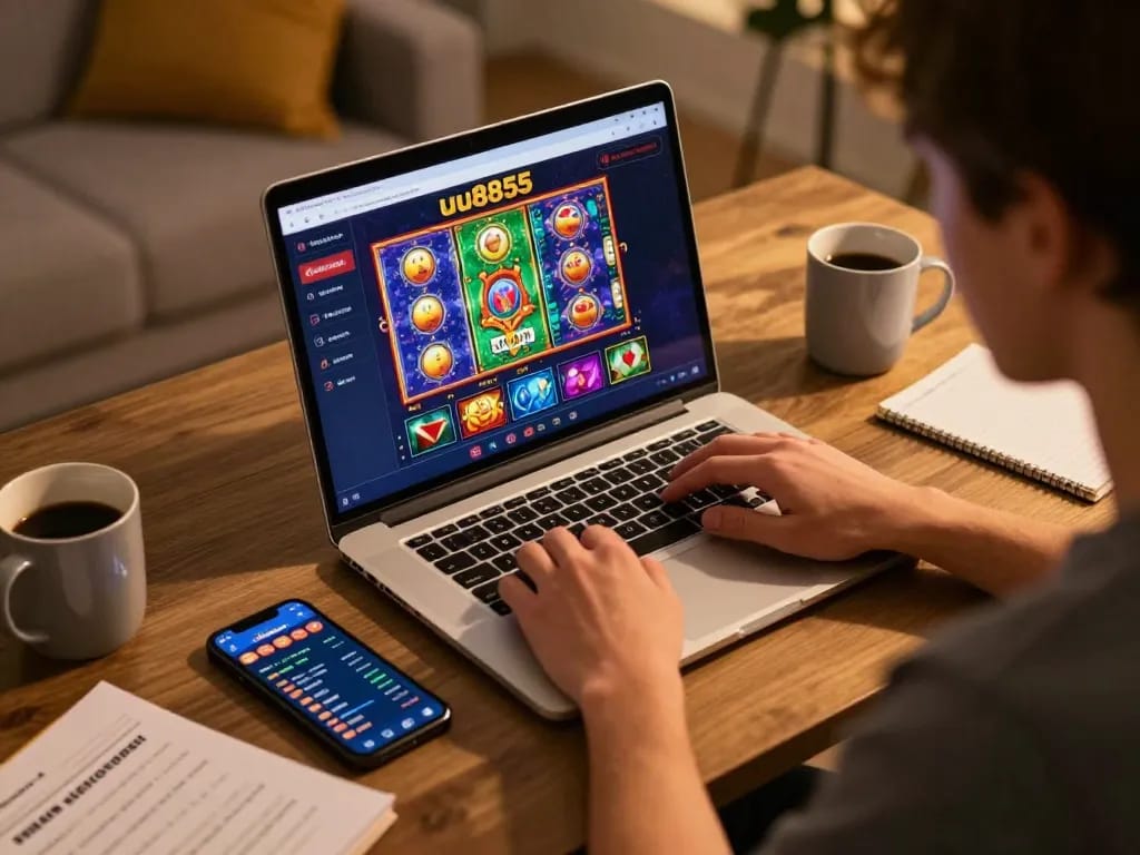 Player engaging with uu8855 online casino on laptop, showcasing vibrant gaming and strategic environment