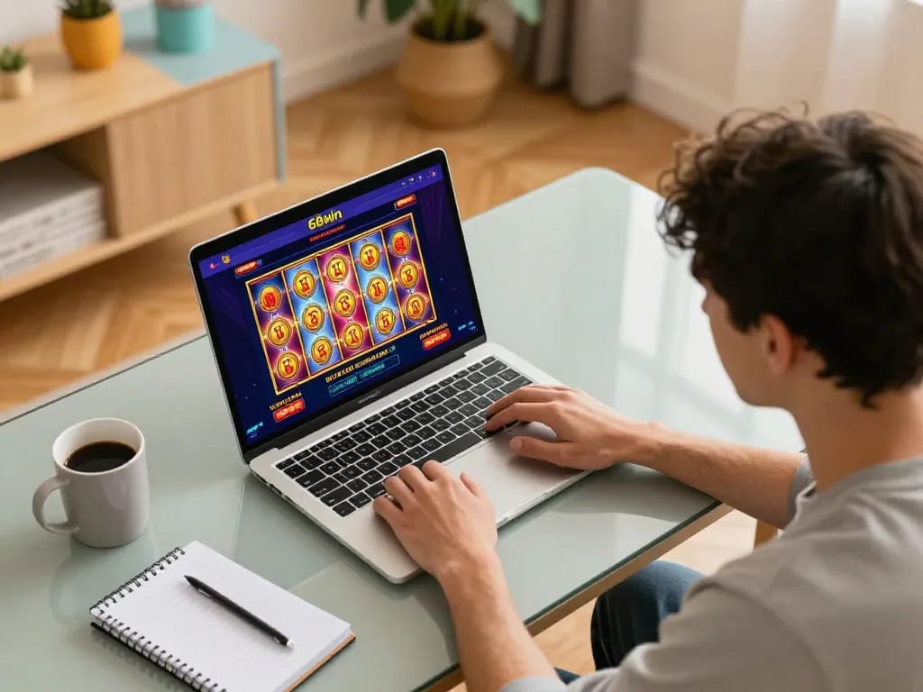 Player engaged with 68win casino on laptop, showcasing an exciting online gambling experience in a cozy home setup.