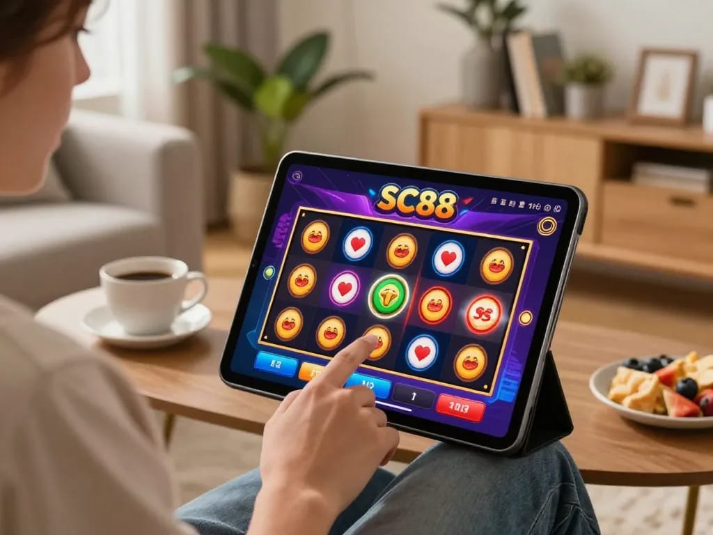 Player engaging with SC88 online gaming app in cozy home setting, showcasing excitement and entertainment.