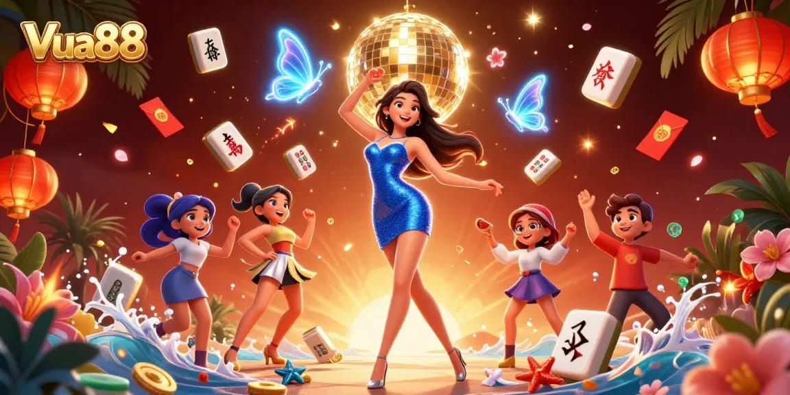 Experience thrilling gaming action with Vua88's glamorous casino illustration featuring dynamic characters and casino elements.
