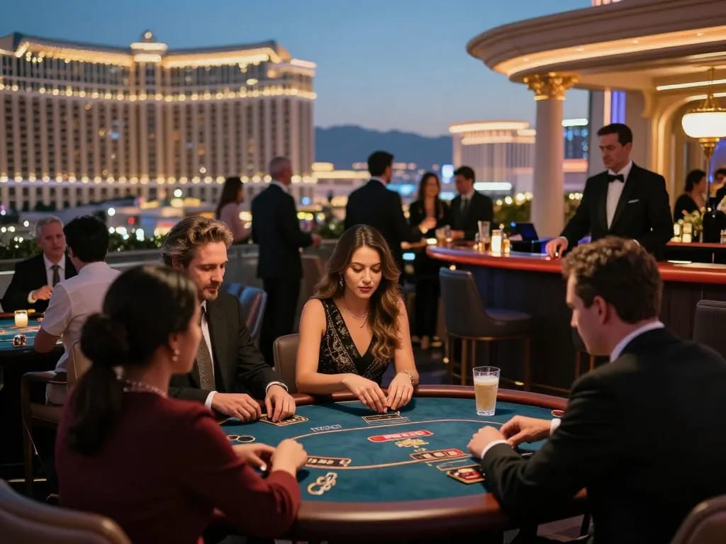Players engaging in an intense poker game at 789Club's upscale casino, highlighting luxury and strategy