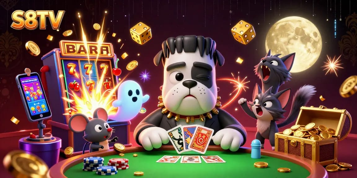 Experience the thrill of betting on S8TV with captivating 3D characters at a vibrant gambling table.