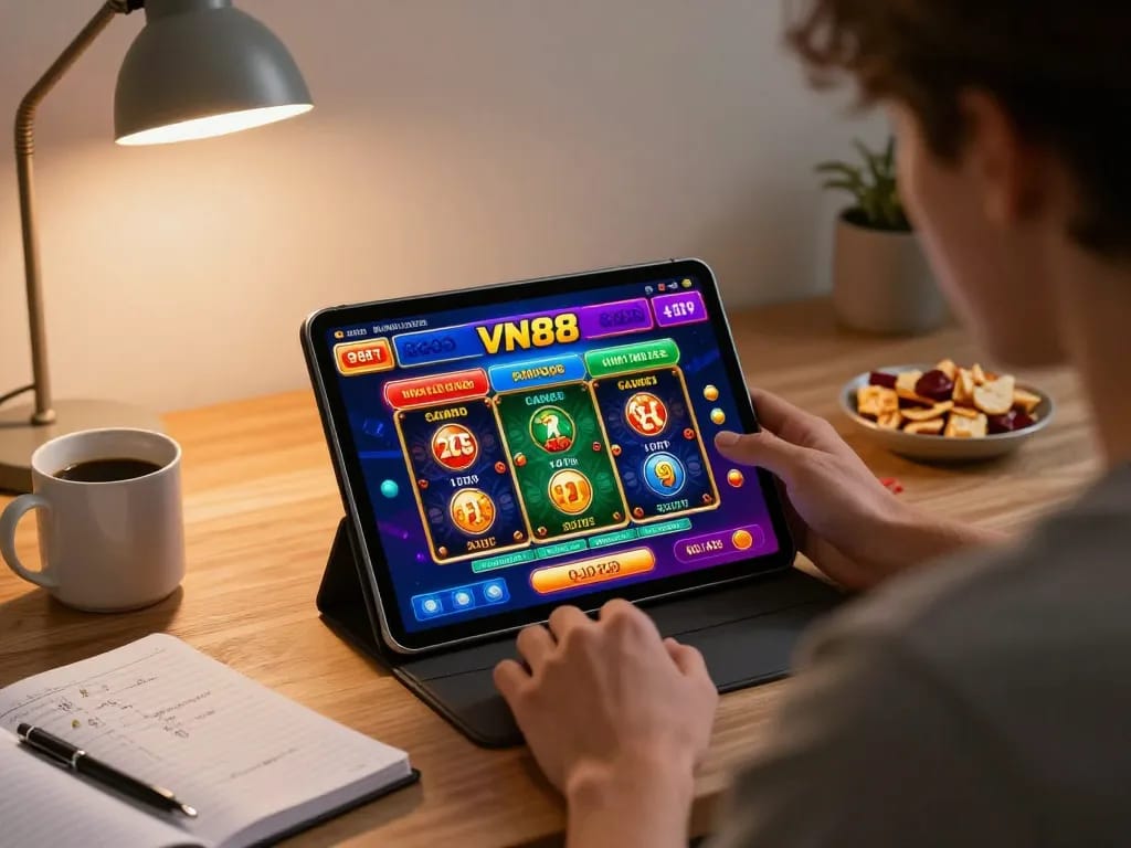 Person engaged in online gaming at VN88 casino, showcasing immersive betting strategies and a cozy atmosphere.