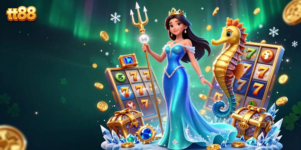 Win big at tt88 with a vibrant casino scene featuring a glamorous lady and a seahorse king.