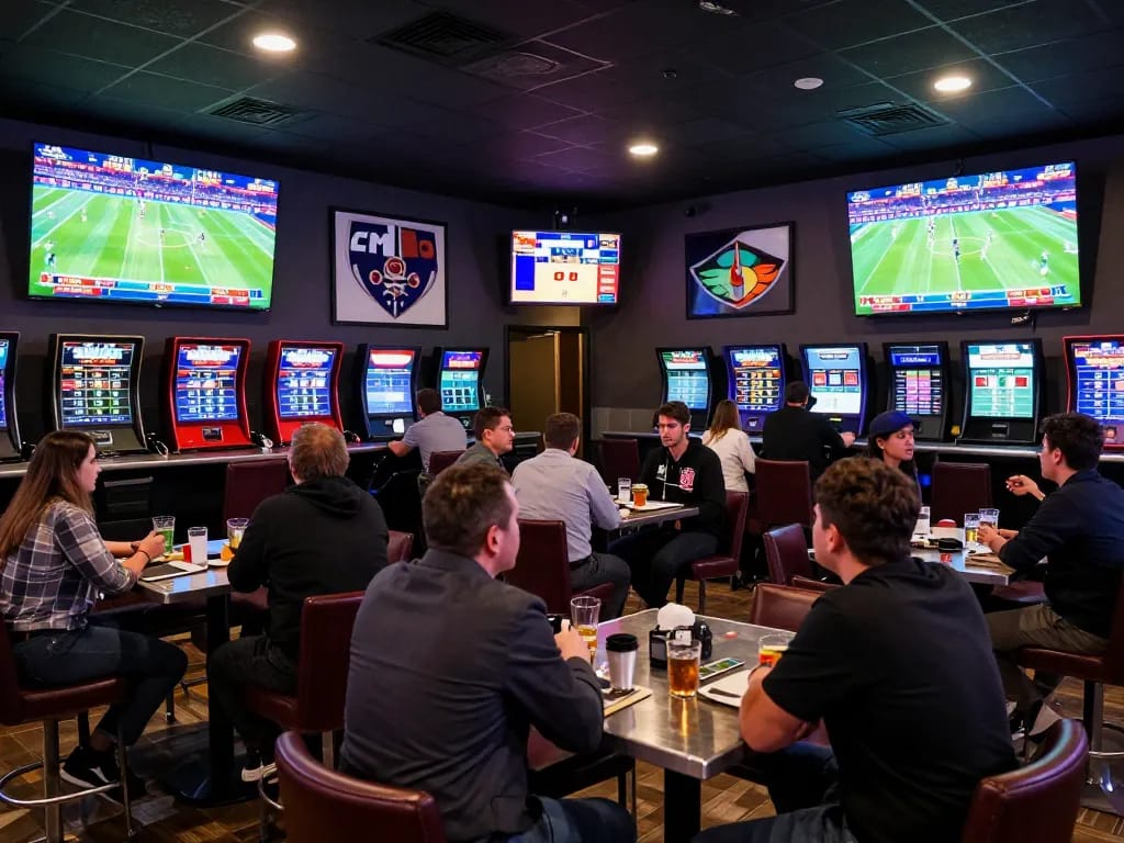 Tỷ lệ kèo nhà cái 5 displayed on screens in a lively sports betting atmosphere