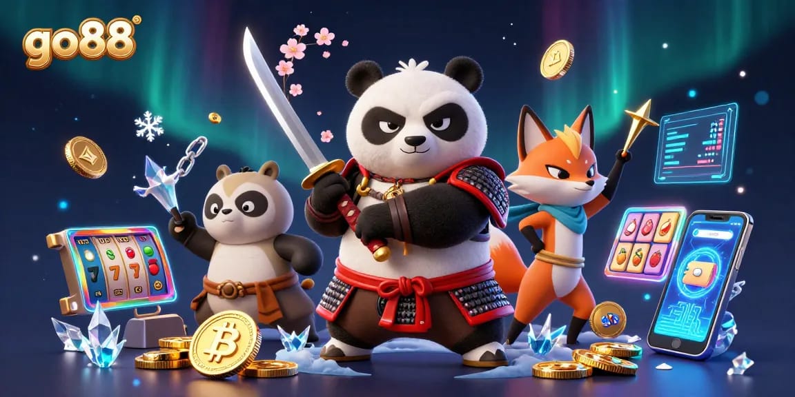 Win big at go88 with an epic 3D casino scene featuring samurai panda, ninja fox, and magical tanuki.