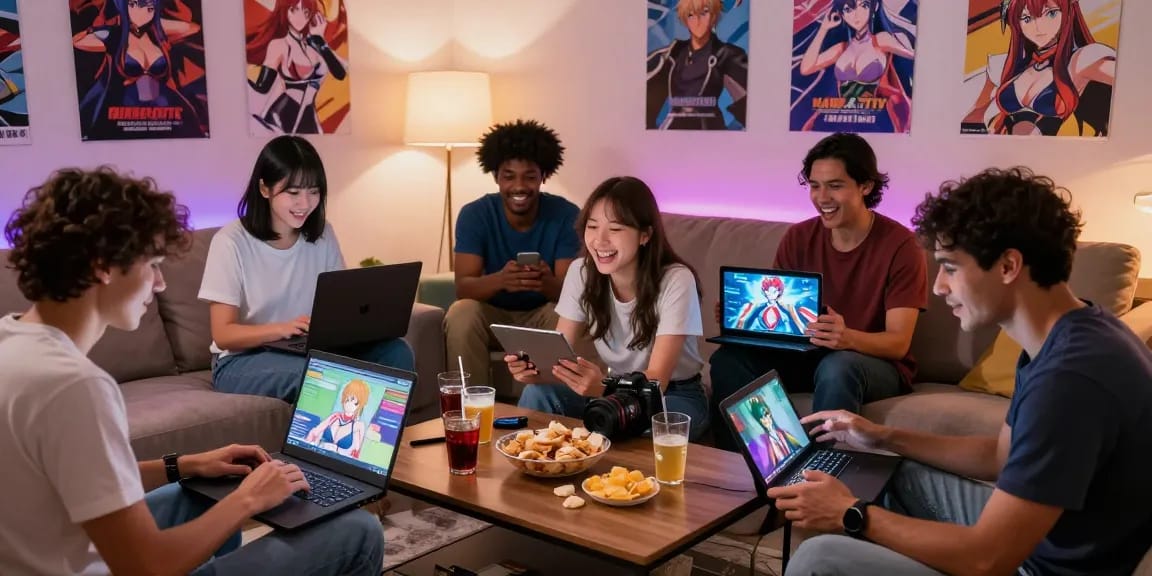 Group of adults enjoying hentai games html in a cozy living room with devices and anime decor.