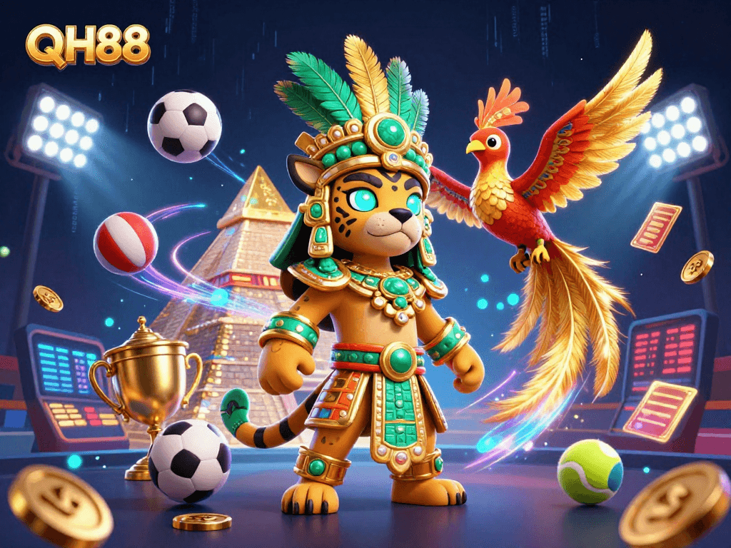 Experience thrilling levels with QH88 in a vibrant 3D casino scene showcasing sports betting dynamics.