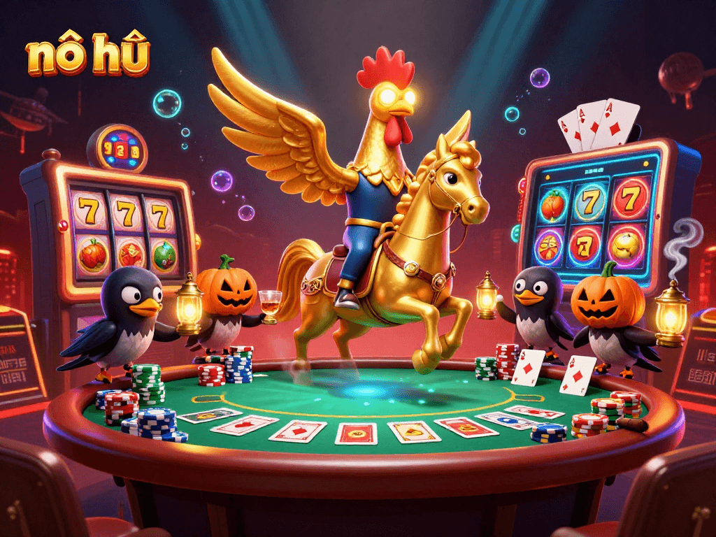 Spin the nổ hũ jackpot reels with golden rooster characters in a vibrant casino atmosphere.