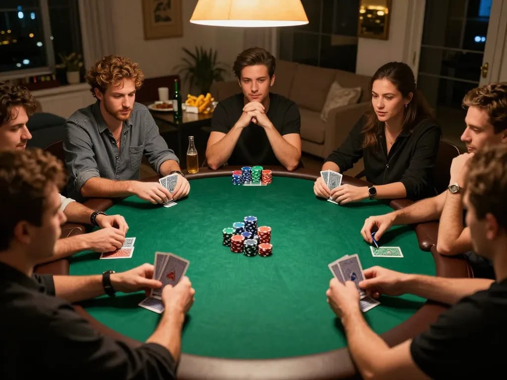Engaging home poker game featuring players strategizing with soibetzz, colorful chips, and warm atmosphere