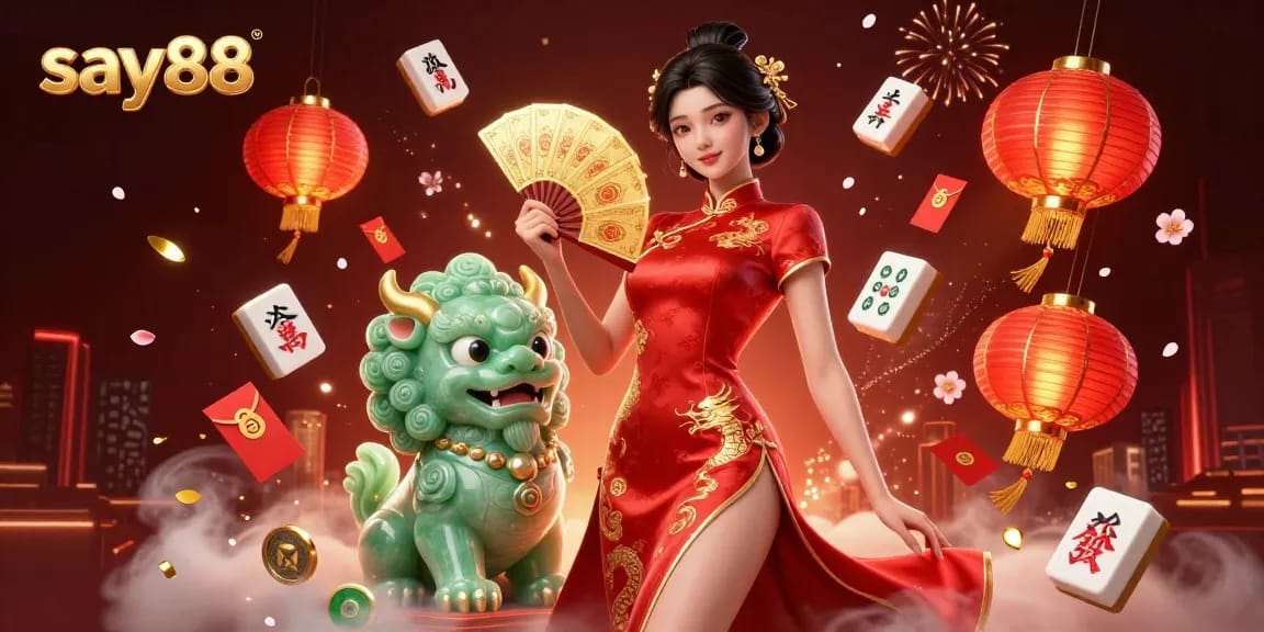 Experience excitement with say88 as an elegant woman plays cards surrounded by festive elements.