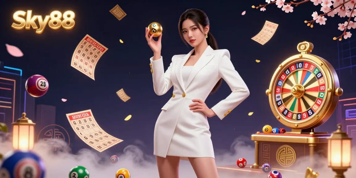 Experience thrilling gaming with Sky88, featuring a stunning Asian model in a luxe casino setting.