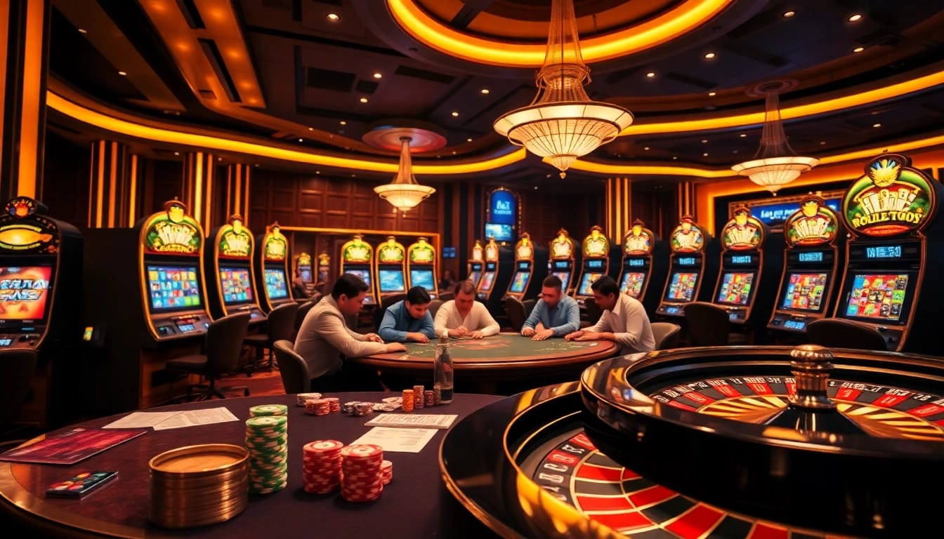 Experience high-stakes gaming at hello88 with vibrant casino tables and poker chips in play.