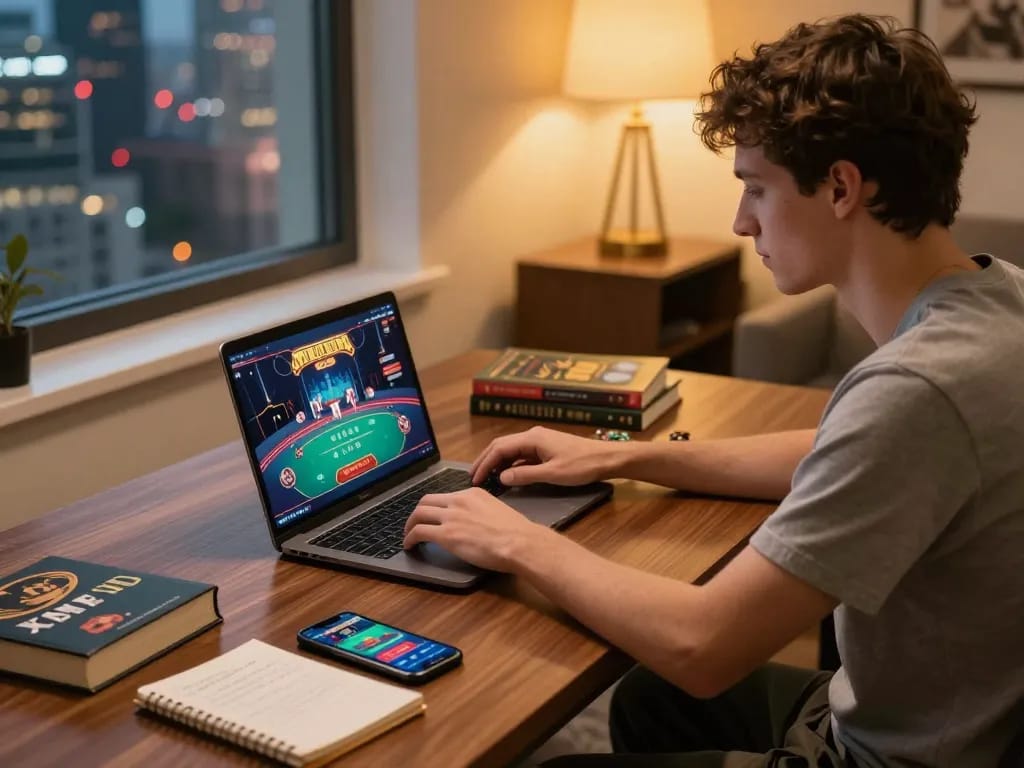Engage in online poker gameplay with 79KING on a stylish desk setup, showcasing laptop and casino apps.