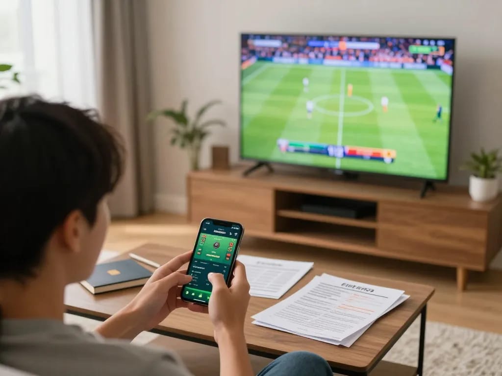 nhandinhkeonhacai user engaging with a live sports betting app in a modern living room.