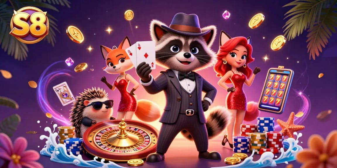 Experience thrilling gameplay at S8 with a raccoon holding a royal flush and a vibrant casino scene.