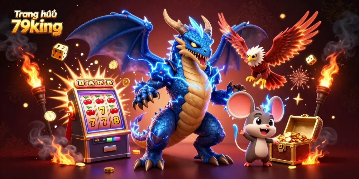 Engage with dynamic gaming excitement at Trang chủ 79king featuring vivid illustrations of dragons and slot machines.