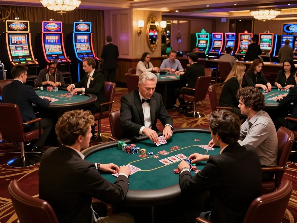 man club poker players engaging at elegant tables in a bustling casino setting