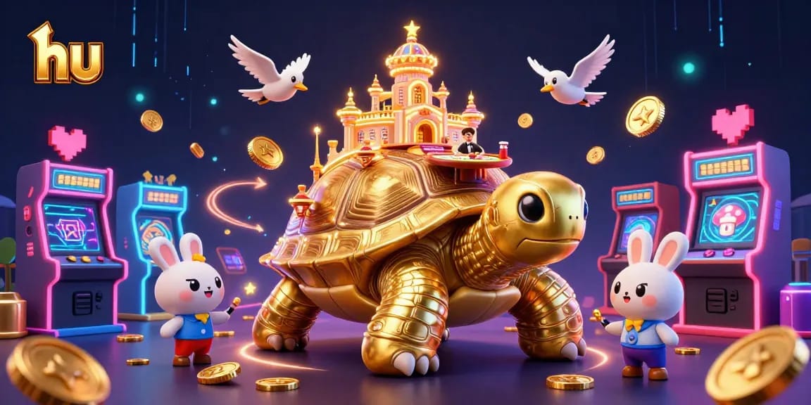 Experience hu's vibrant casino action with a tortoise palace and coin-dispensing birds in this colorful illustration.