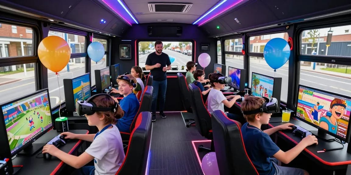 Gaming Party Colchester with children enjoying high-tech setups in a vibrant, festive gaming bus setting.
