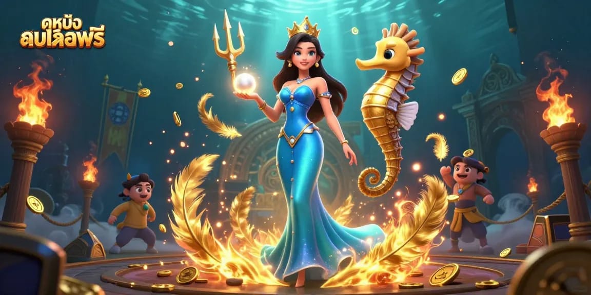 Engage with ดูหนังออนไลน์ฟรี in a mesmerizing underwater scene filled with golden treasures and dynamic gaming elements.