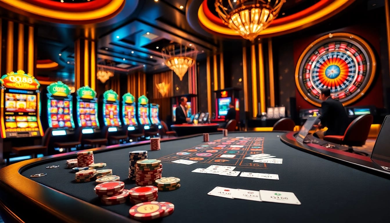 Exciting QQ88 casino gaming experience with vibrant tables, chips, and lively atmosphere.