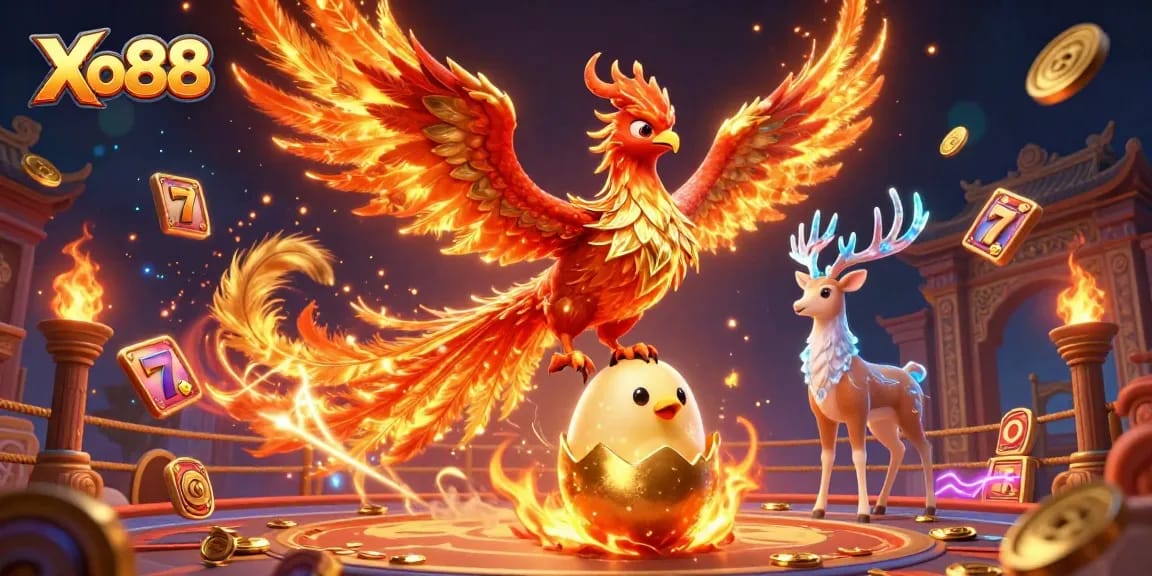 Xo88 captivates players with a dynamic illustration of a fiery phoenix and engaging slot elements.