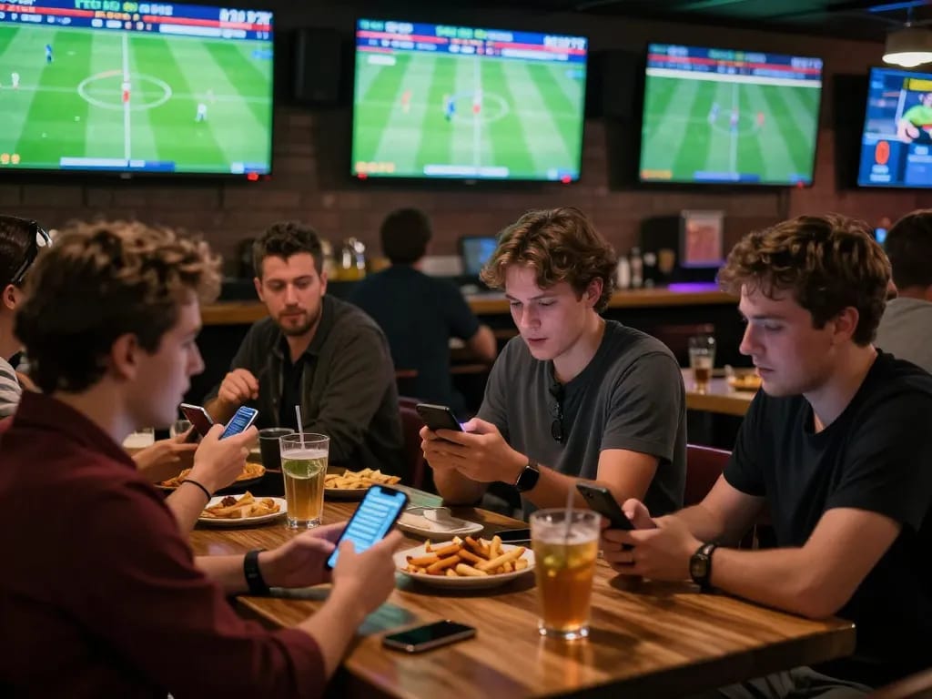 Excited patrons engaging in sports betting while watching ฟุตบอล matches in a lively bar setting.
