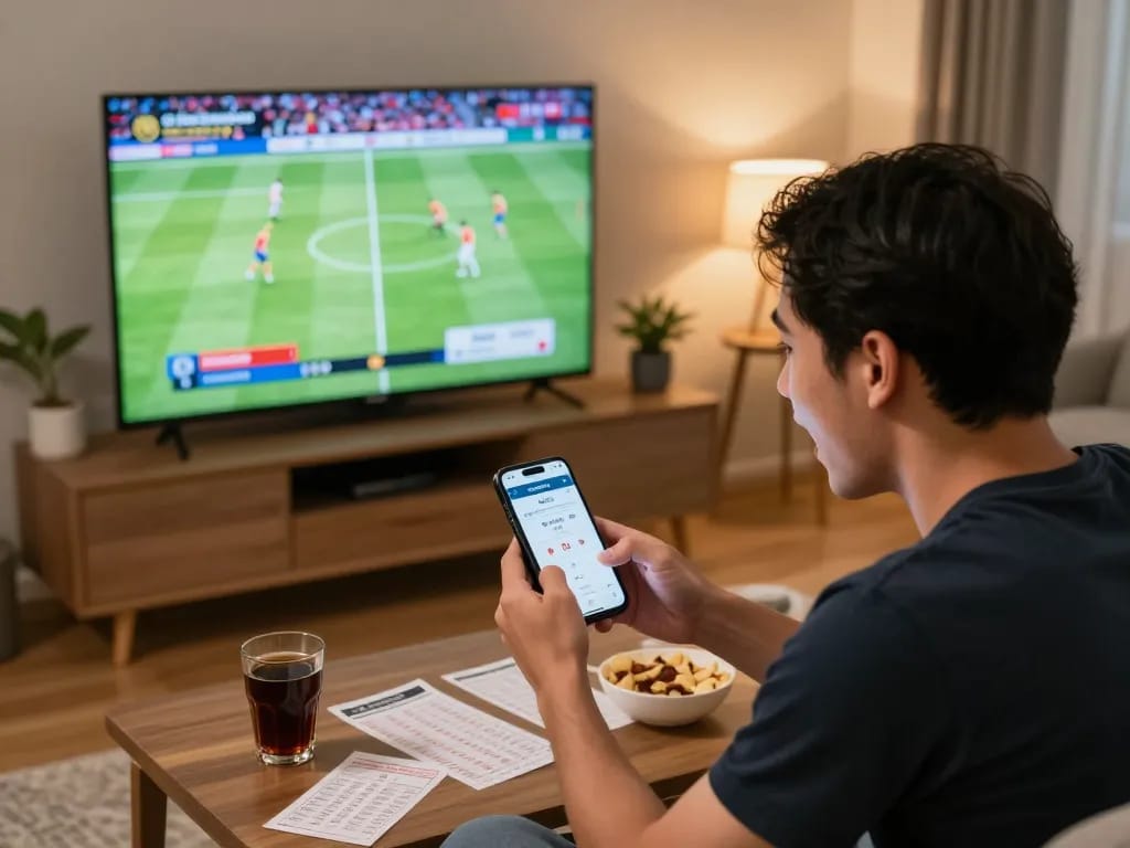 Engaging sports betting scene with แทงบอล placing bets on mobile app during live game.
