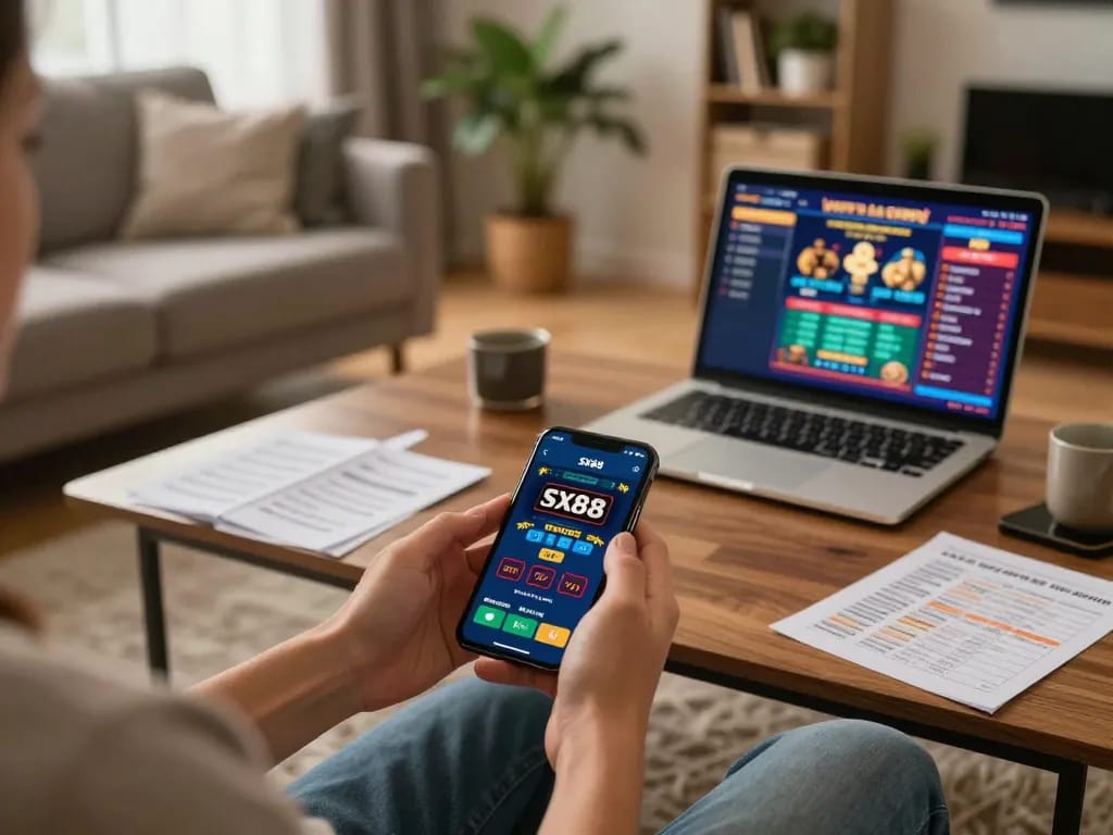 Person using the sx88 app for online casino gaming at home, surrounded by gaming notes and a laptop.